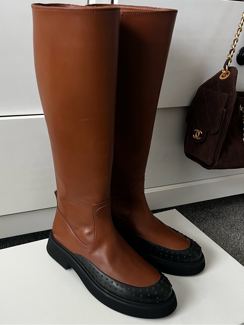 Tod's Tall Brown Leather Over-the-Knee Boots with Black Trim